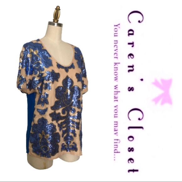 NWT Tracy Reese Royal Blue & Nude Sequined Top - Picture 5 of 7